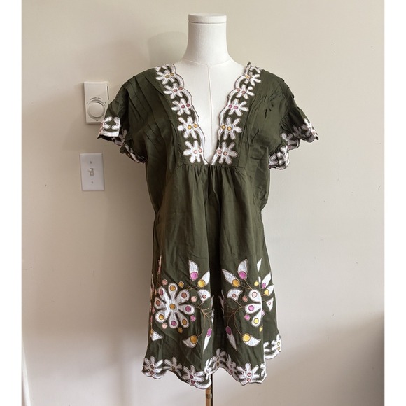 Anthropologie Dresses & Skirts - Anthropologie Pintuck Embroidered Mini Dress Coverup Floral Boho XS Small Green